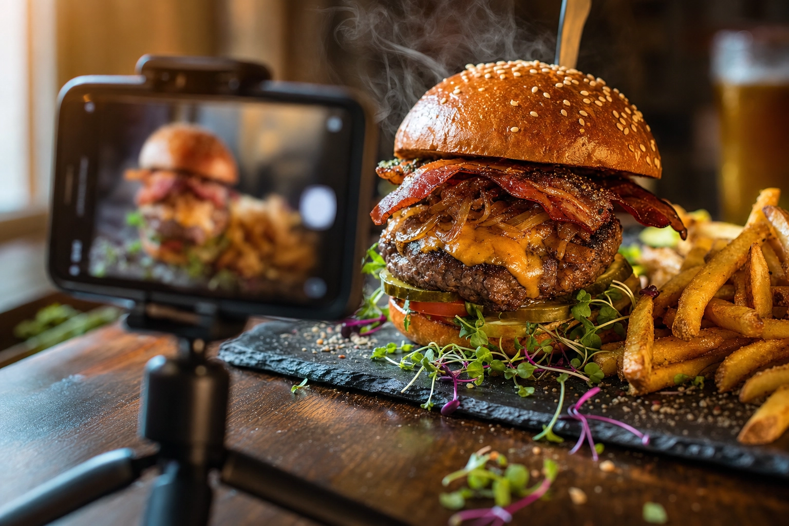 Smartphone capturing a beautifully styled gourmet burger demonstrating visual marketing for restaurants