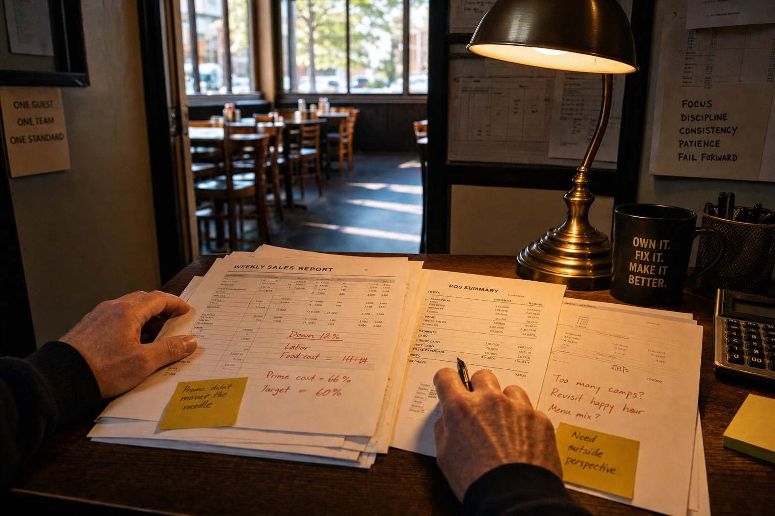 Restaurant owner reviewing weekly sales reports at a back-office desk with empty dining room behind