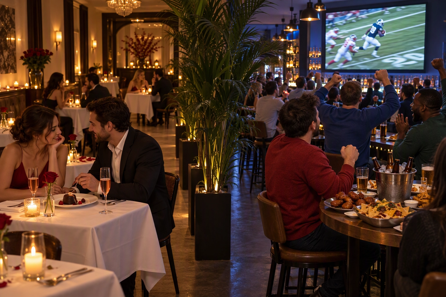 Restaurant split between candlelit Valentine's tables and a game-day bar area with wings for February 14, 2027