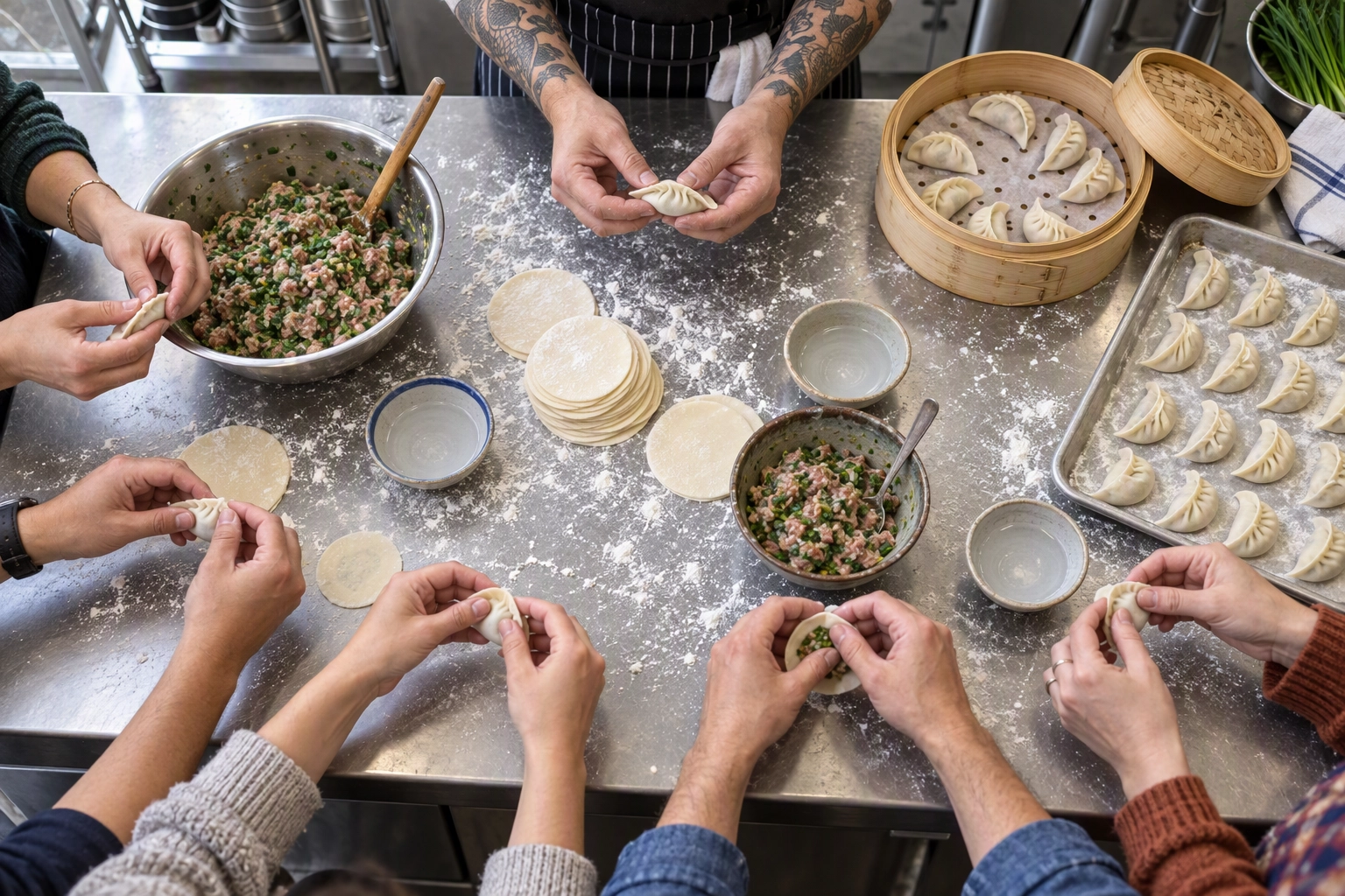 Overhead view of guests' hands pleating dumplings around a floured steel table at a ticketed restaurant cooking class