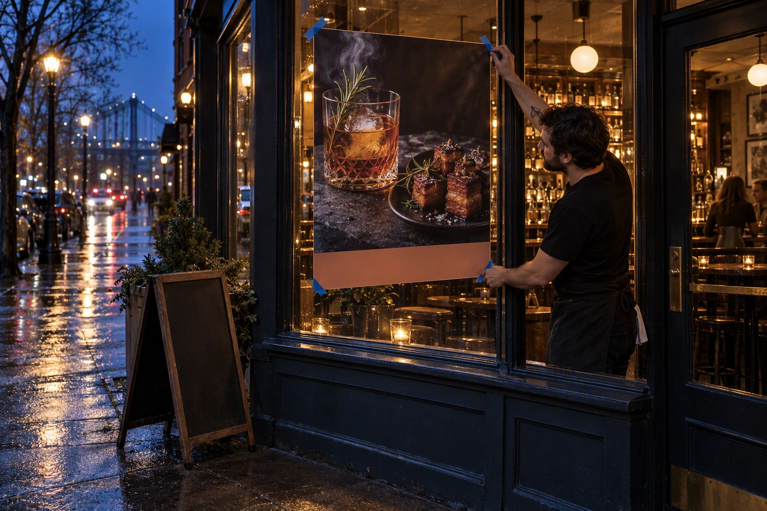 Bartender taping an event poster with a cocktail and pork belly photo inside a bar window at dusk, two weeks before the event