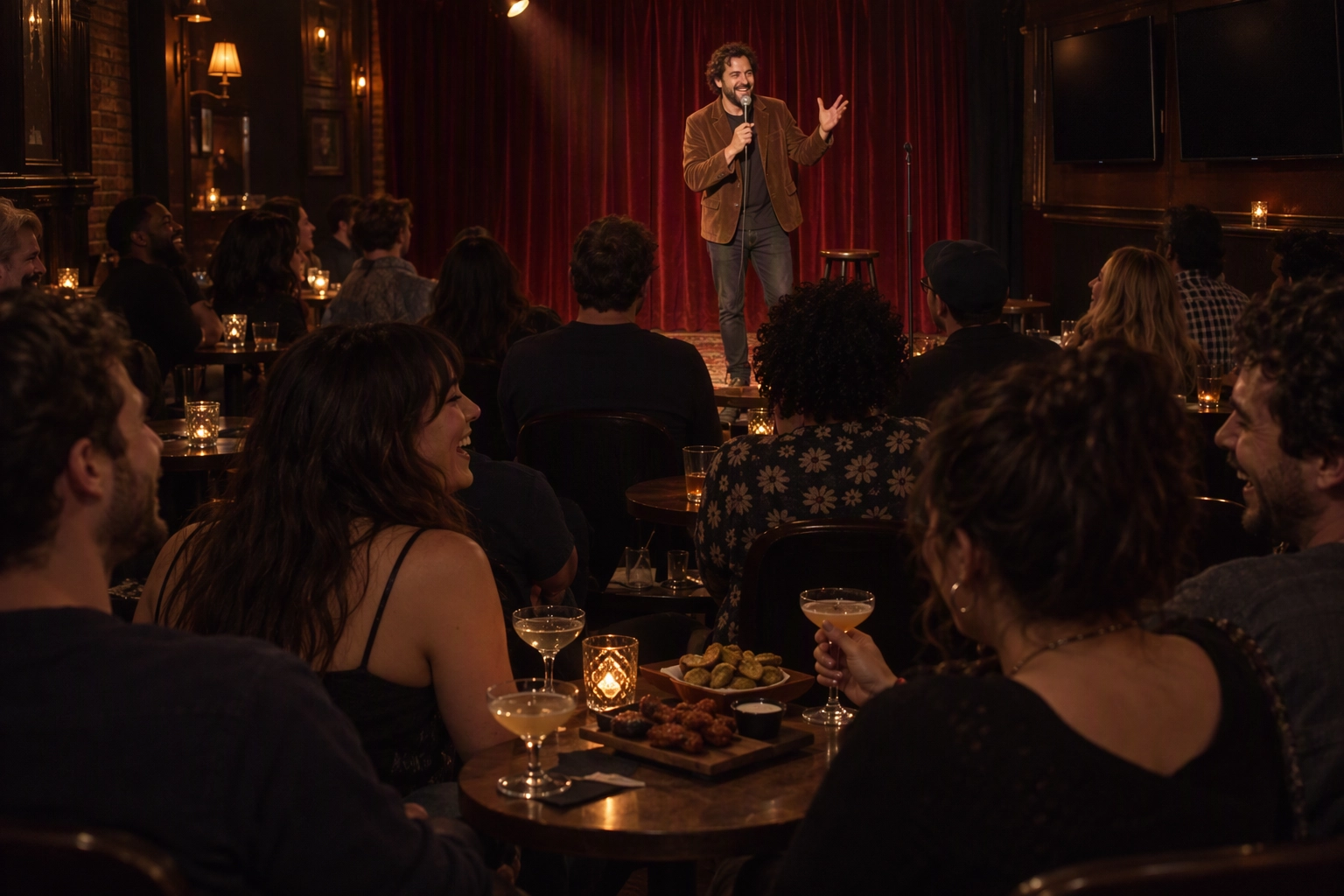 Stand-up comedian under a spotlight in a bar back room while guests laugh over cocktails and bar snacks at a comedy event