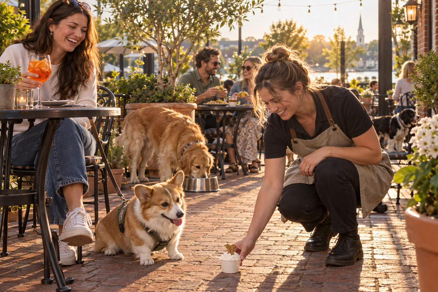 Server giving a corgi a pup cup on a sunny restaurant patio during a dog-friendly yappy hour community event