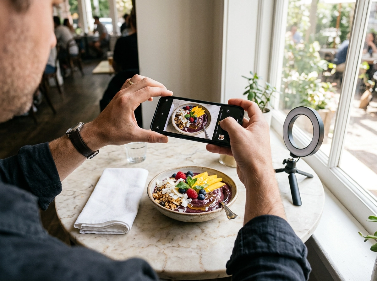 Restaurant owner photographing colorful acai bowl with smartphone near window with natural light