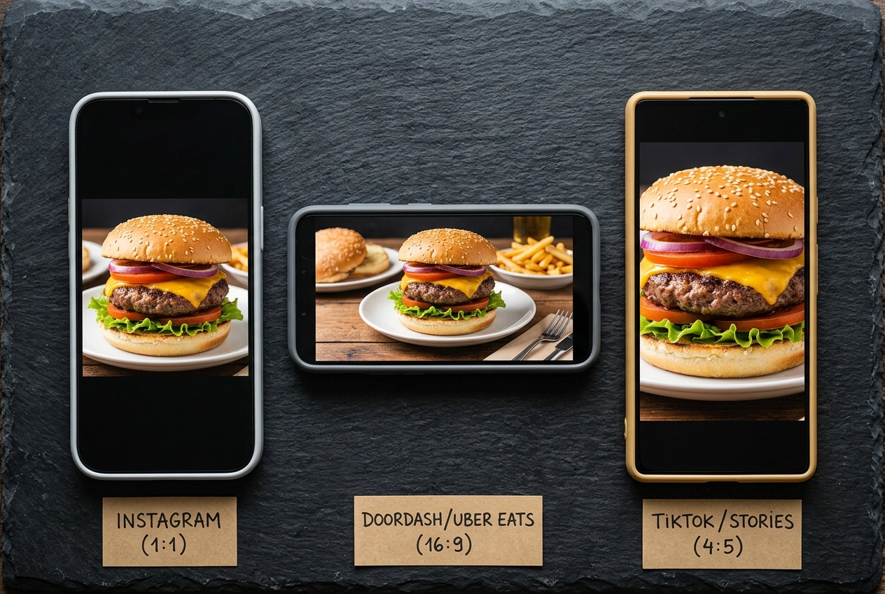 Same gourmet burger photo cropped for different platforms showing delivery app and social media aspect ratios