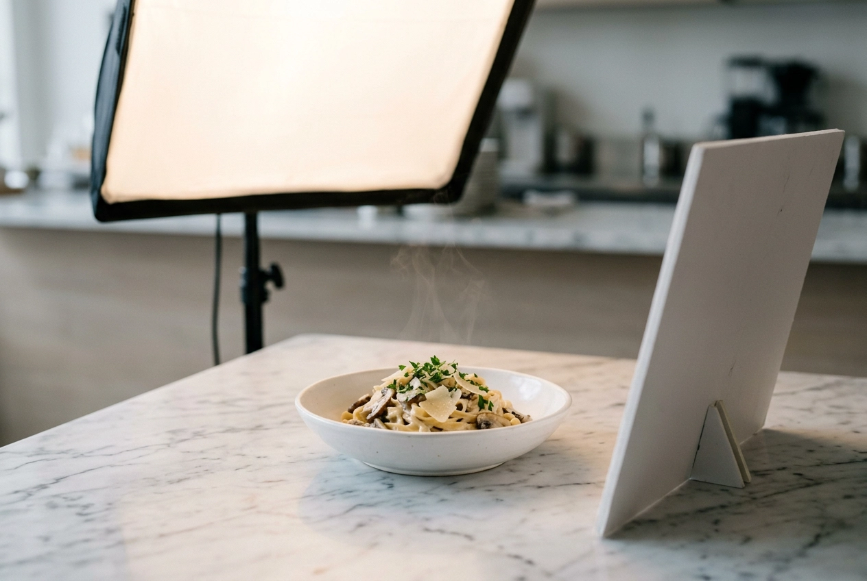 Professional food photography lighting setup with softbox and bounce reflector illuminating pasta dish on marble surface