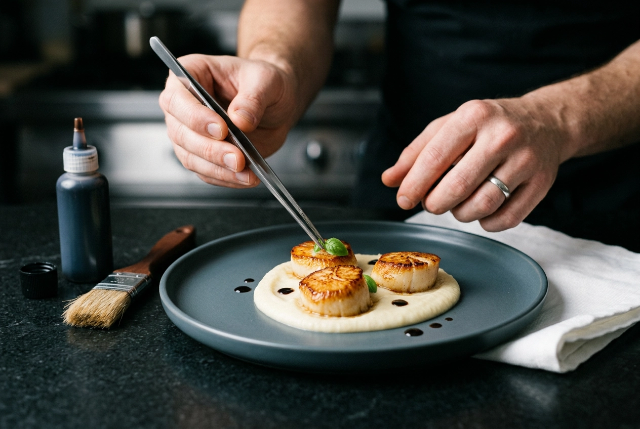 Close-up of food styling with tweezers placing micro herbs on plated scallop dish for restaurant photography