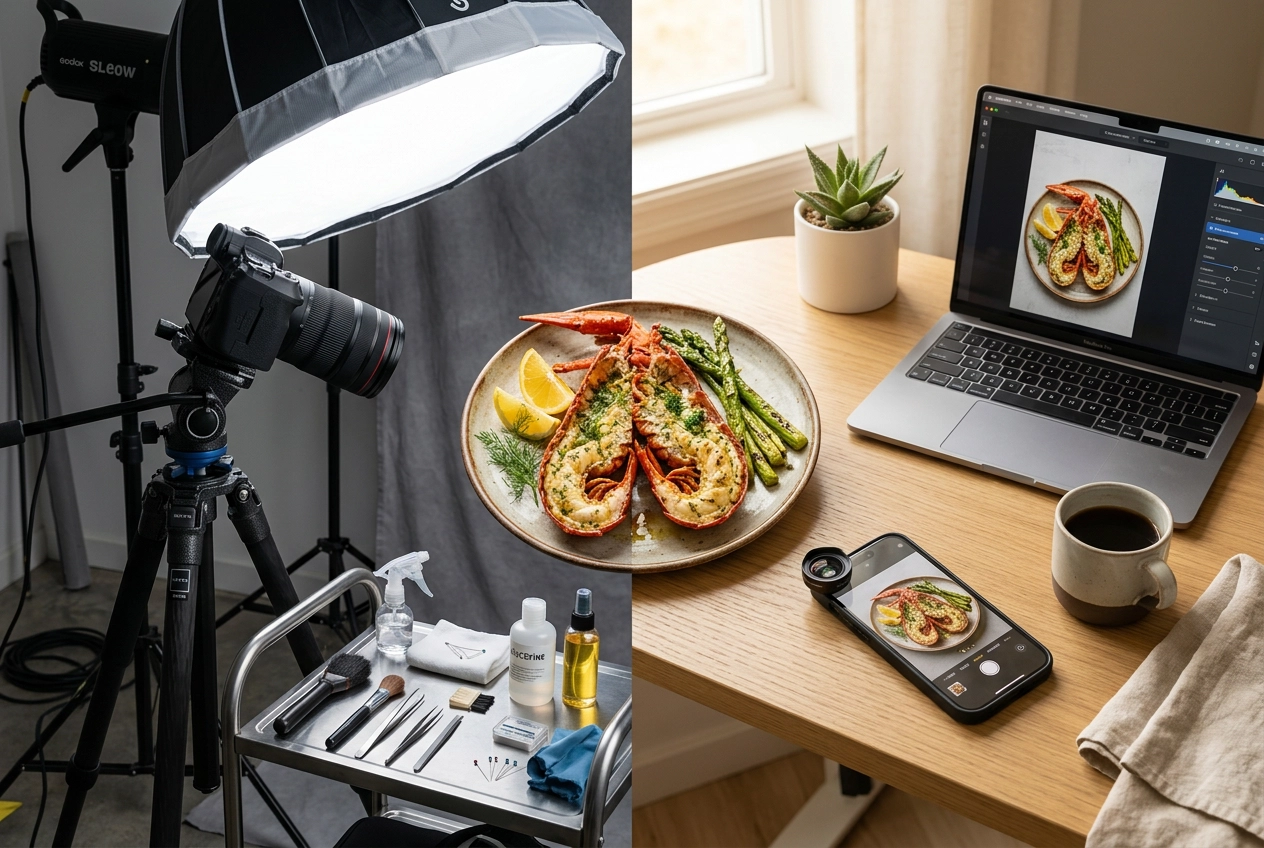 Professional food photography studio setup versus minimalist AI-enhanced smartphone approach side by side