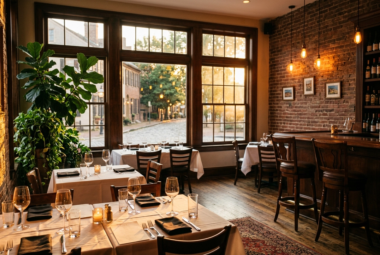Warm golden hour restaurant interior photography showing cozy dining ambiance with window light and Edison bulbs