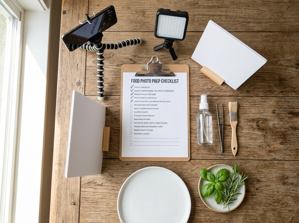 Organized restaurant food photography checklist and essential tools laid out on wooden table for photoshoot preparation