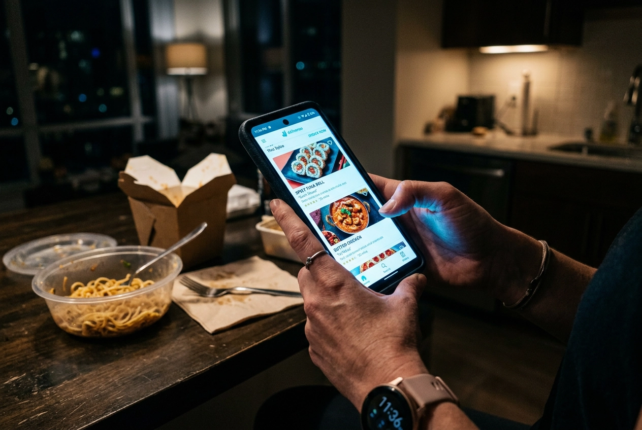 Diner scrolling food delivery app on smartphone choosing restaurant based on food photos
