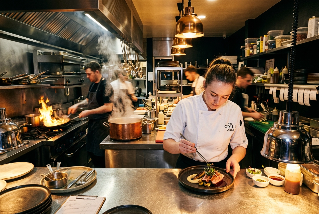 Chef plating a dish at the restaurant kitchen pass with steam and dynamic action during service