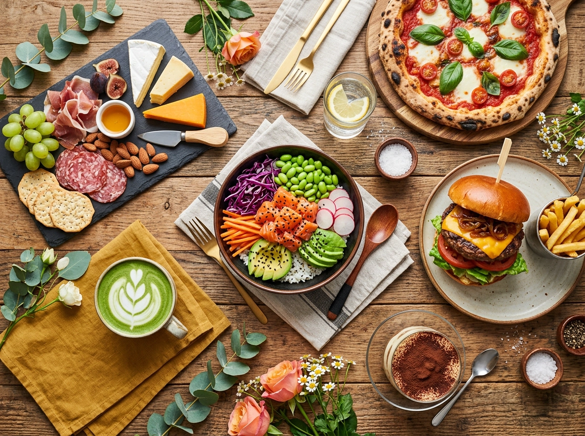 Overhead flat-lay of colorful restaurant dishes arranged for Instagram social media food photography