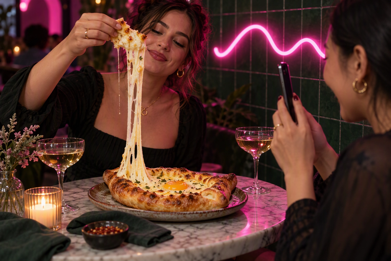 Rožinės neoninės šviesos apšviestas svečias kelia tįstantį chačapurio sūrį, o draugas filmuoja – fotografuoti verta akimirka per restorano atidarymą