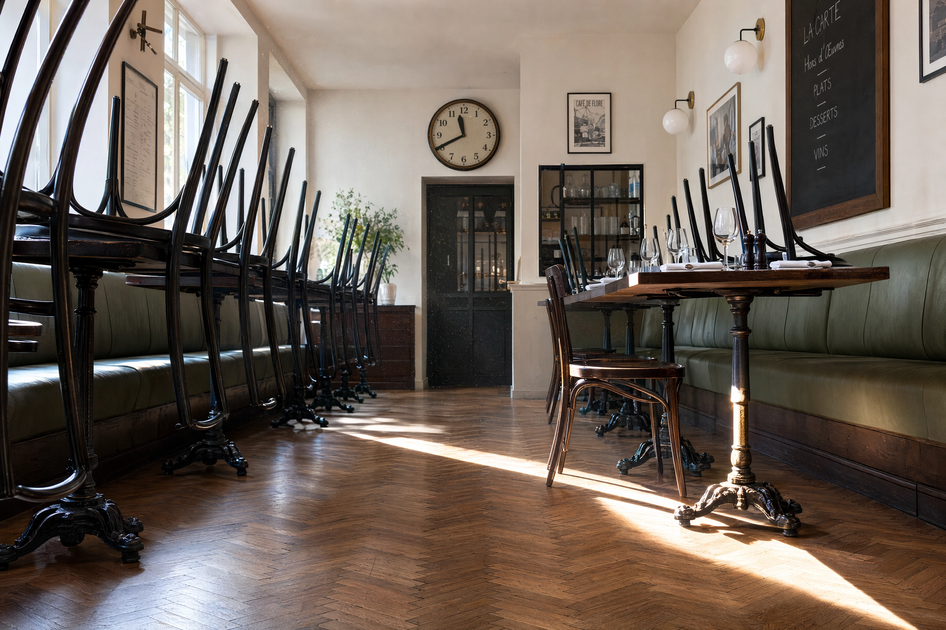 Late-morning sunlight crossing an empty bistro floor with one table set, timing restaurant Instagram posts