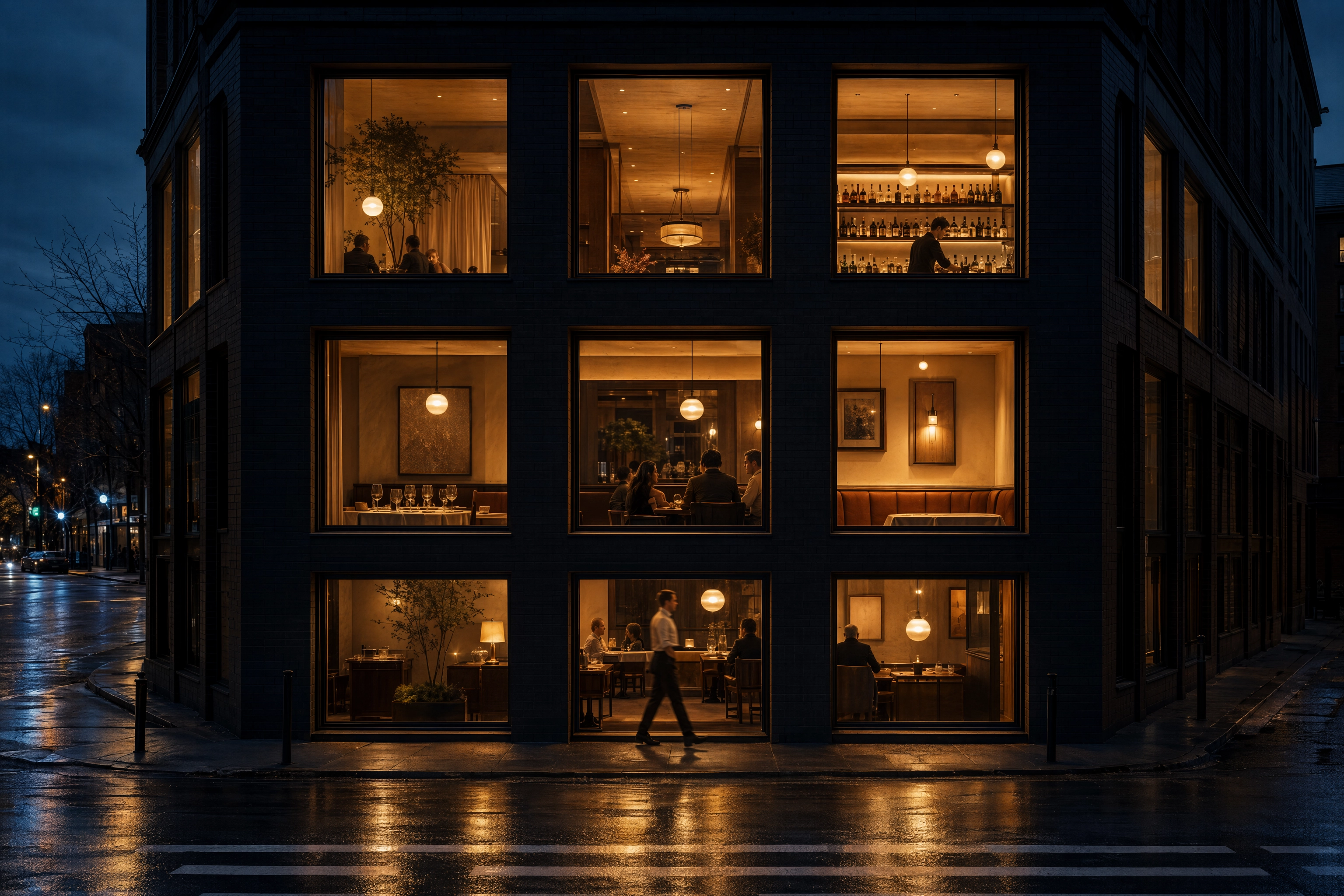 Restaurant facade of nine glowing square windows in a 3x3 grid, a metaphor for Instagram grid planning
