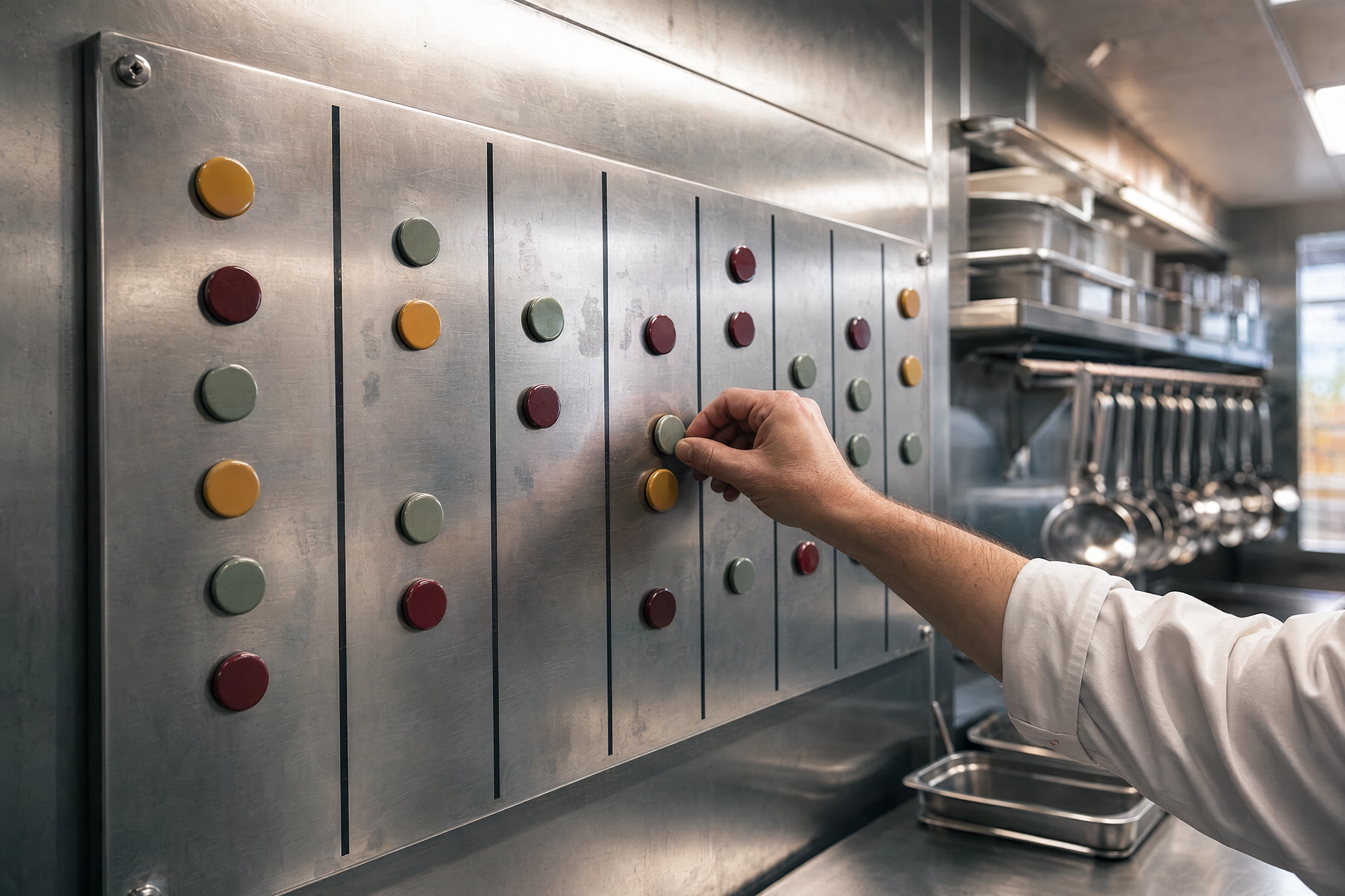Chef moving a magnet across a seven-column kitchen planning board, a weekly restaurant posting rota
