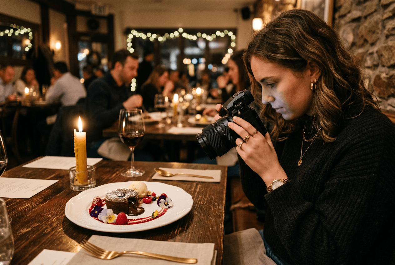 Food blogger photographing an elegant dessert at a restaurant table for a review and social media post
