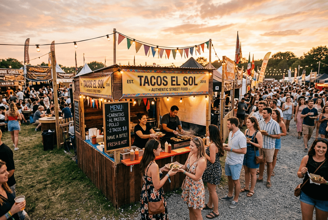 Restaurant booth at a local food festival serving sample dishes to attendees during golden hour