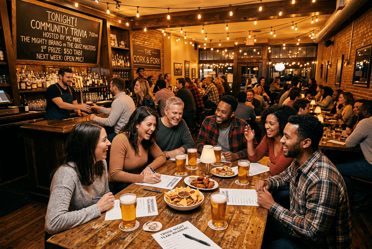 Neighborhood restaurant hosting a trivia night community event with groups gathered around tables under string lights