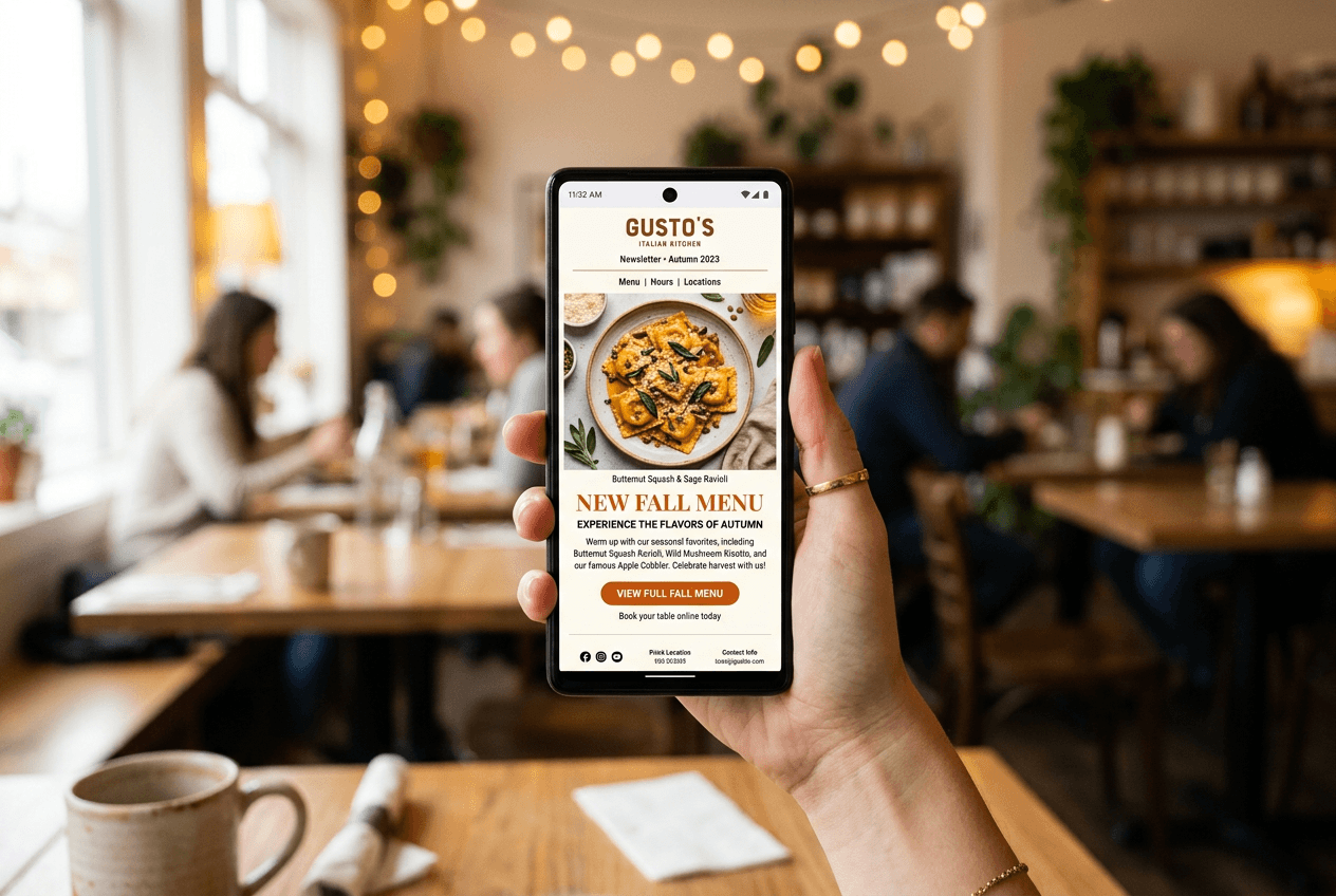 Restaurant email newsletter displayed on smartphone showing seasonal menu promotion with food photography