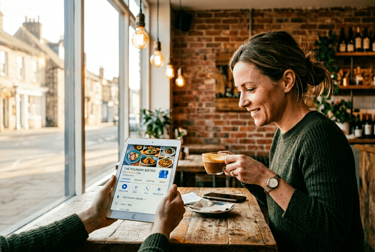 Restaurant owner reviewing Google Business Profile on tablet during morning planning session at their cafe