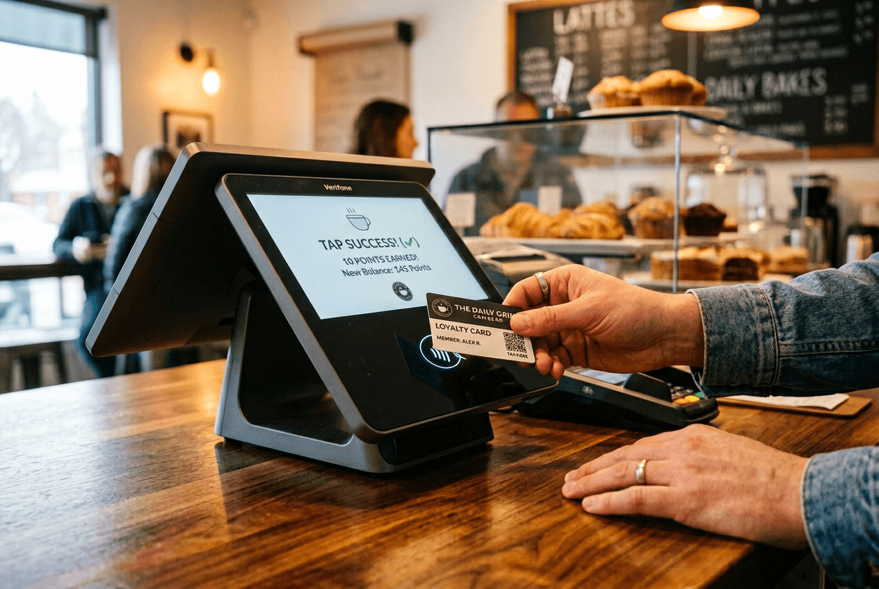 Customer tapping a digital loyalty rewards card on a restaurant POS terminal to earn points