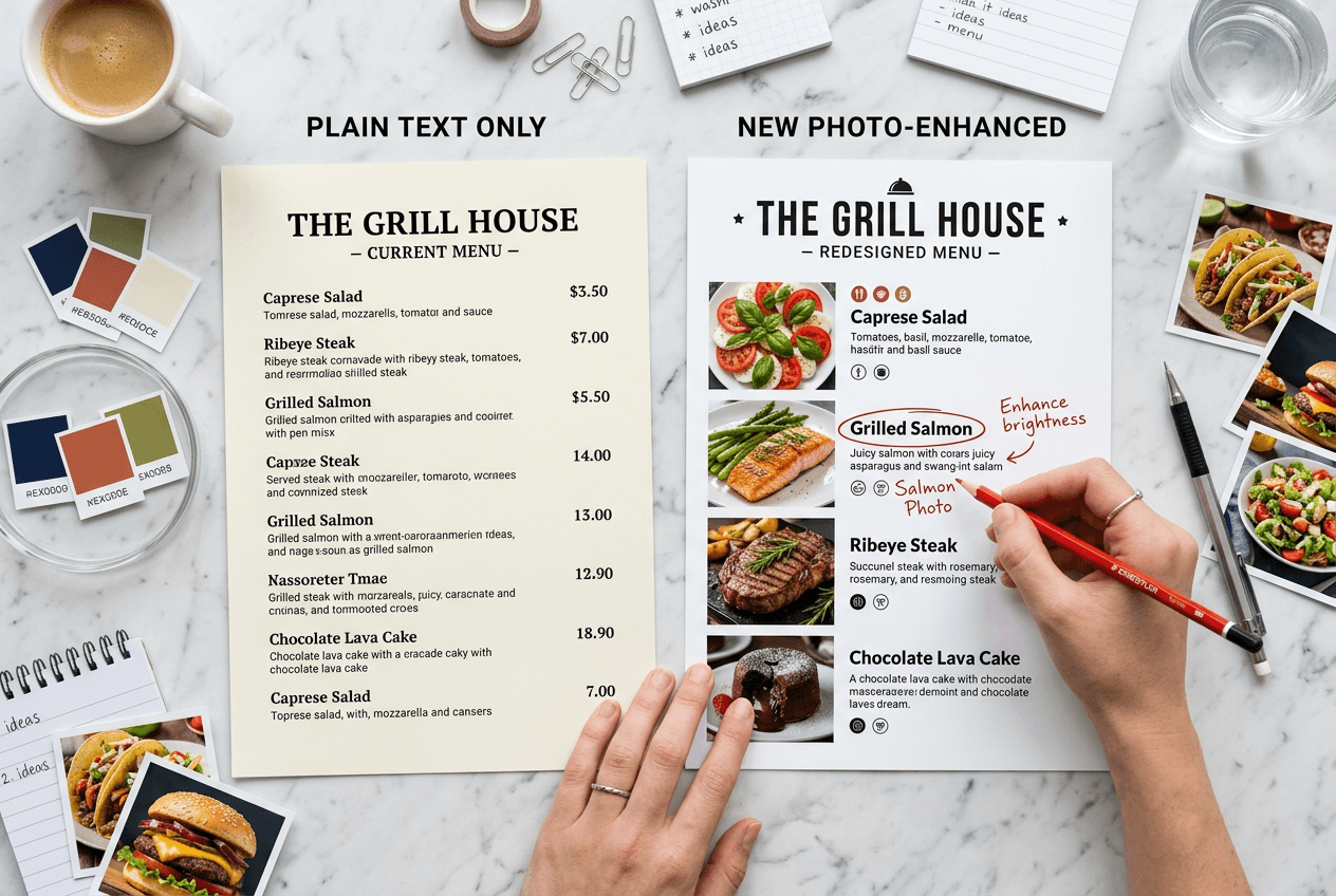 Restaurant menu redesign comparing text-only menu with photo-enhanced menu layout featuring professional food images