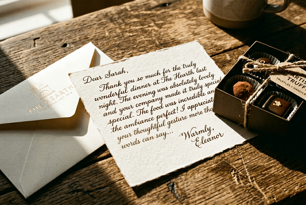 Handwritten restaurant thank-you note on premium stationery next to artisan chocolates for customer appreciation