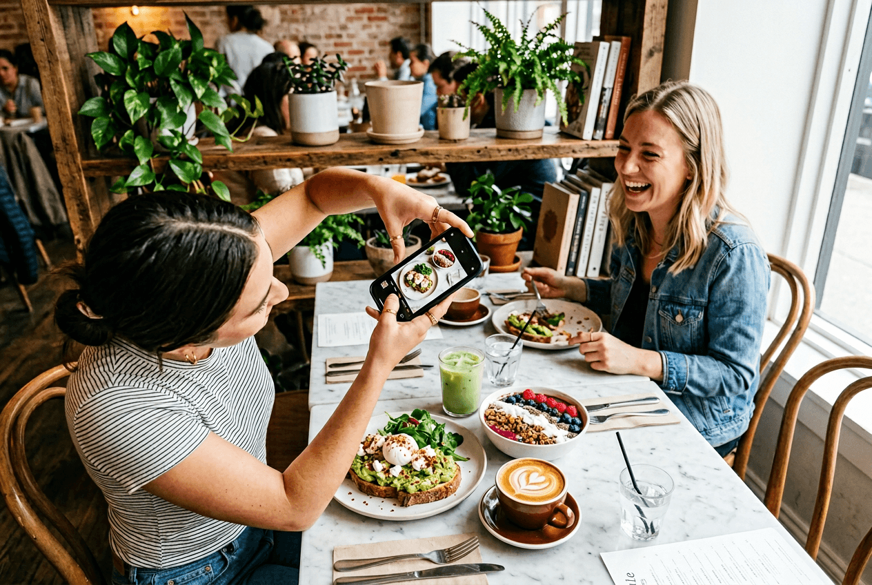 Customer photographing brunch dishes for social media, creating user-generated content at a trendy restaurant