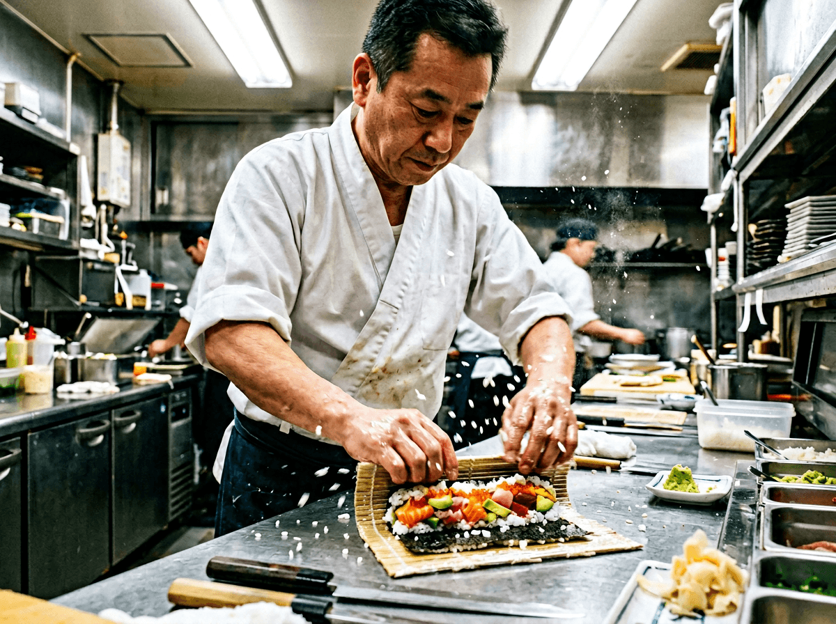 Chef assembling sushi in a behind-the-scenes kitchen video moment for TikTok restaurant marketing content