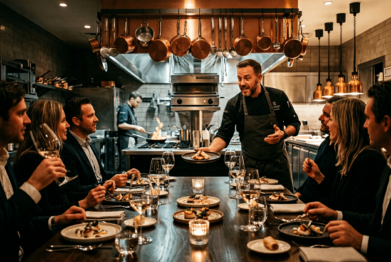 Exclusive chef's table VIP dining experience with guests seated at an intimate table in a restaurant kitchen