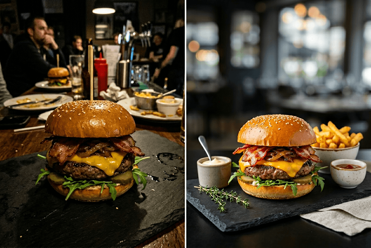 Side-by-side comparison of amateur versus AI-enhanced professional restaurant food photography showing dramatic quality difference