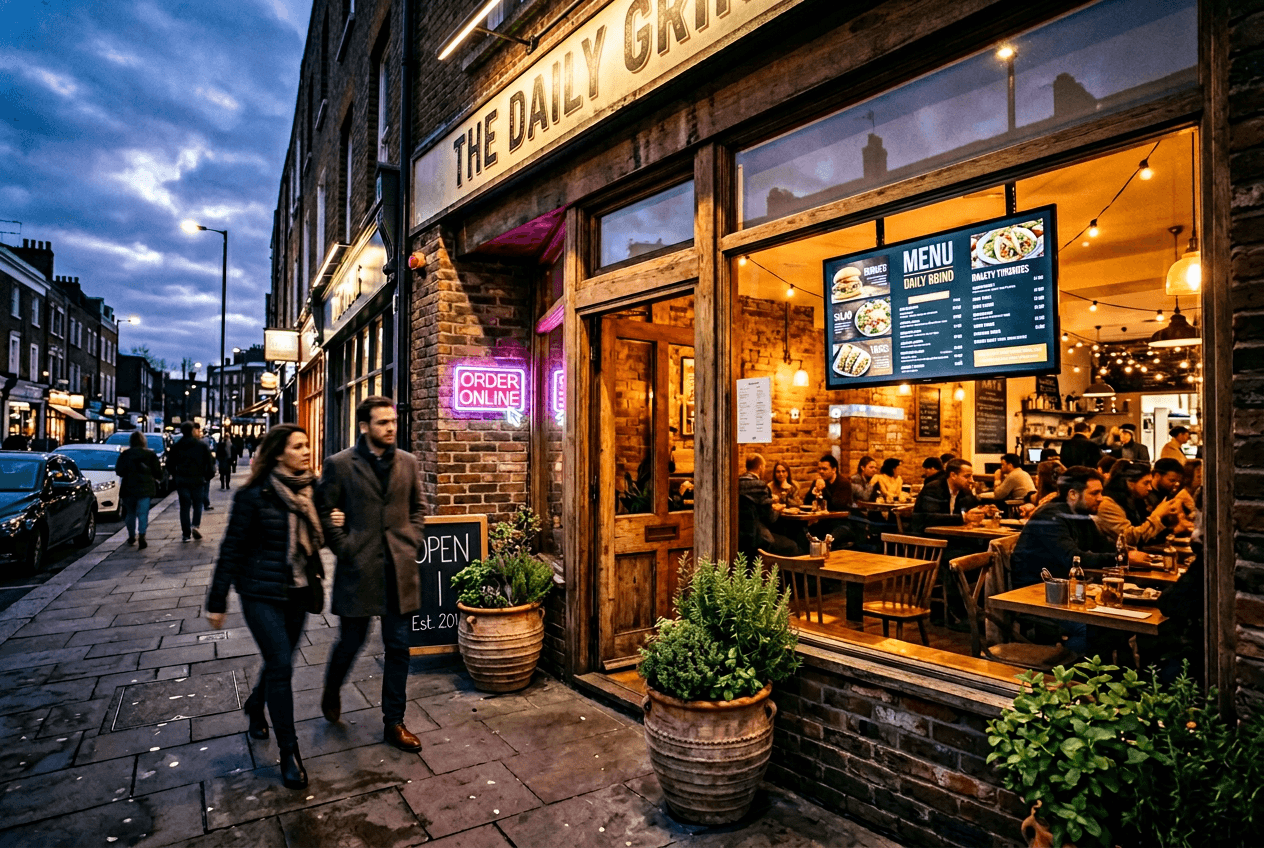 Independent restaurant storefront at twilight with digital menu board showing professional food photography visible through window