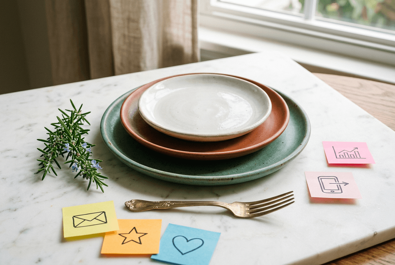 Conceptual still-life of layered plates and marketing icons representing building a restaurant marketing technology stack