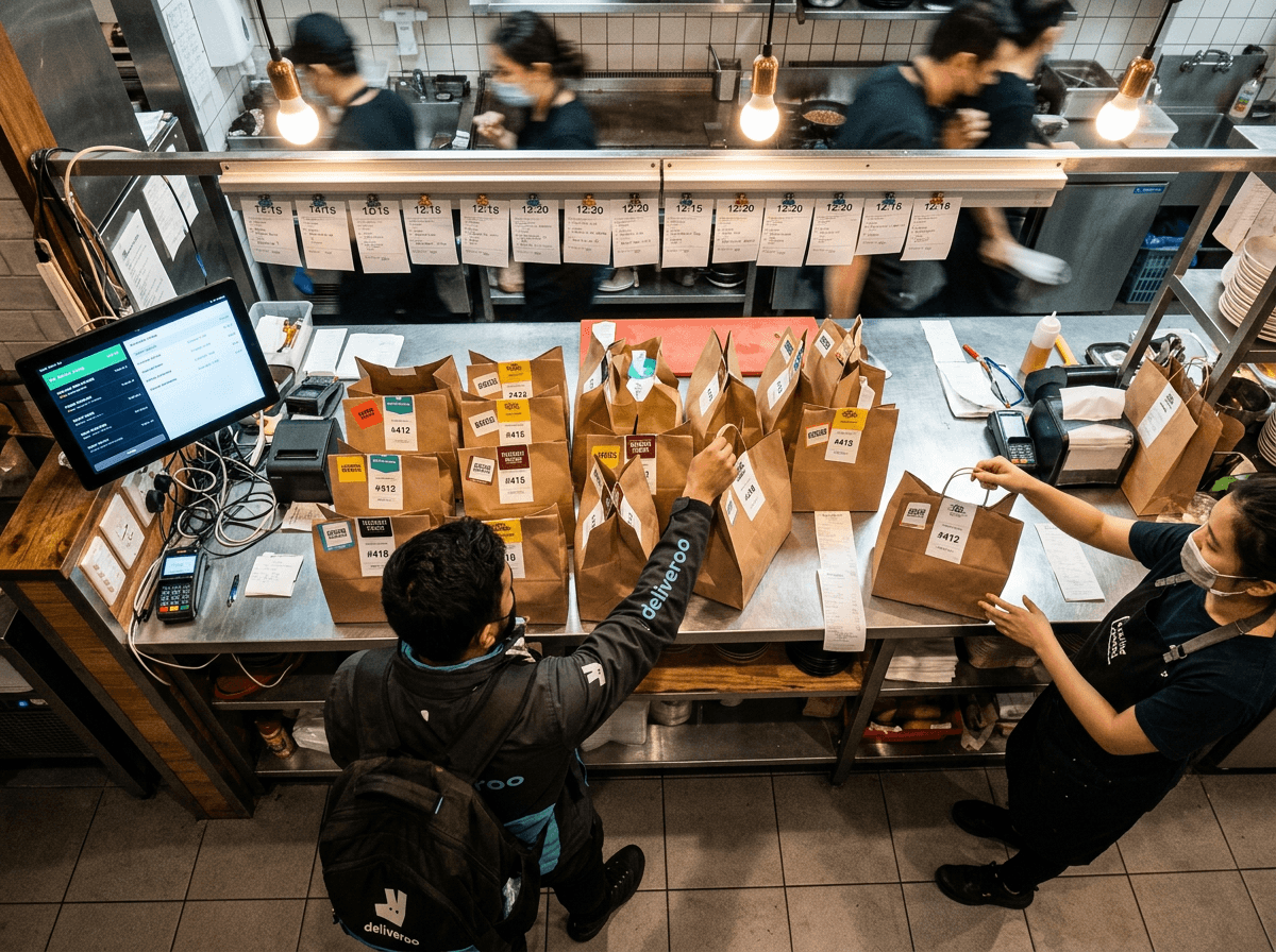 Overhead view of busy restaurant takeout counter with branded delivery bags and online order tablet during lunch rush