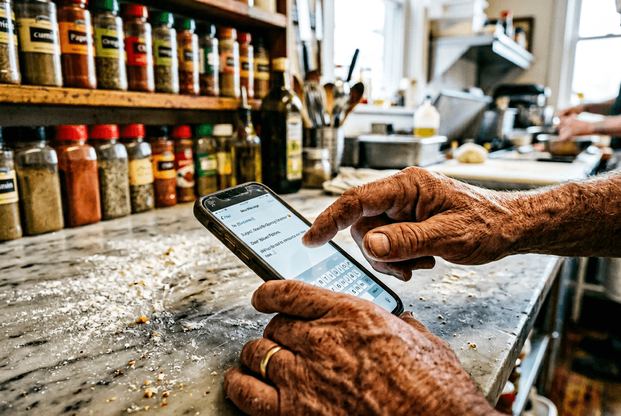 Restaurant owner's hands using smartphone for email marketing campaign on flour-dusted kitchen counter