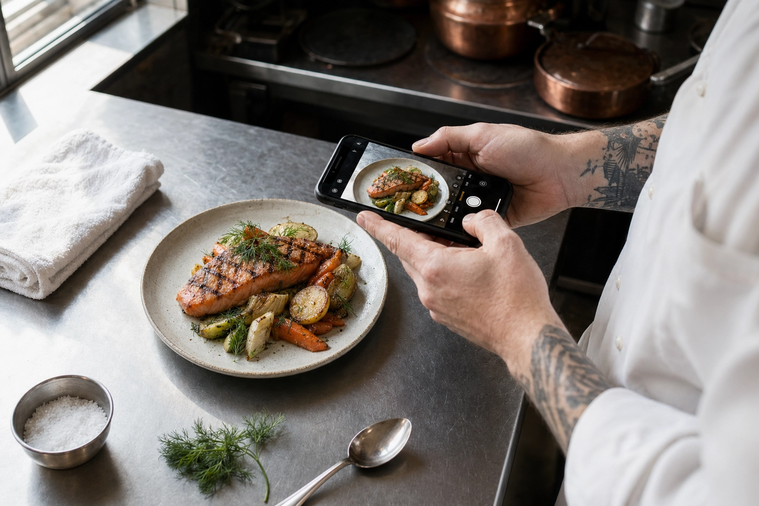 Chef photographing a plated grilled salmon dish with smartphone on kitchen prep counter for AI menu board photo enhancement