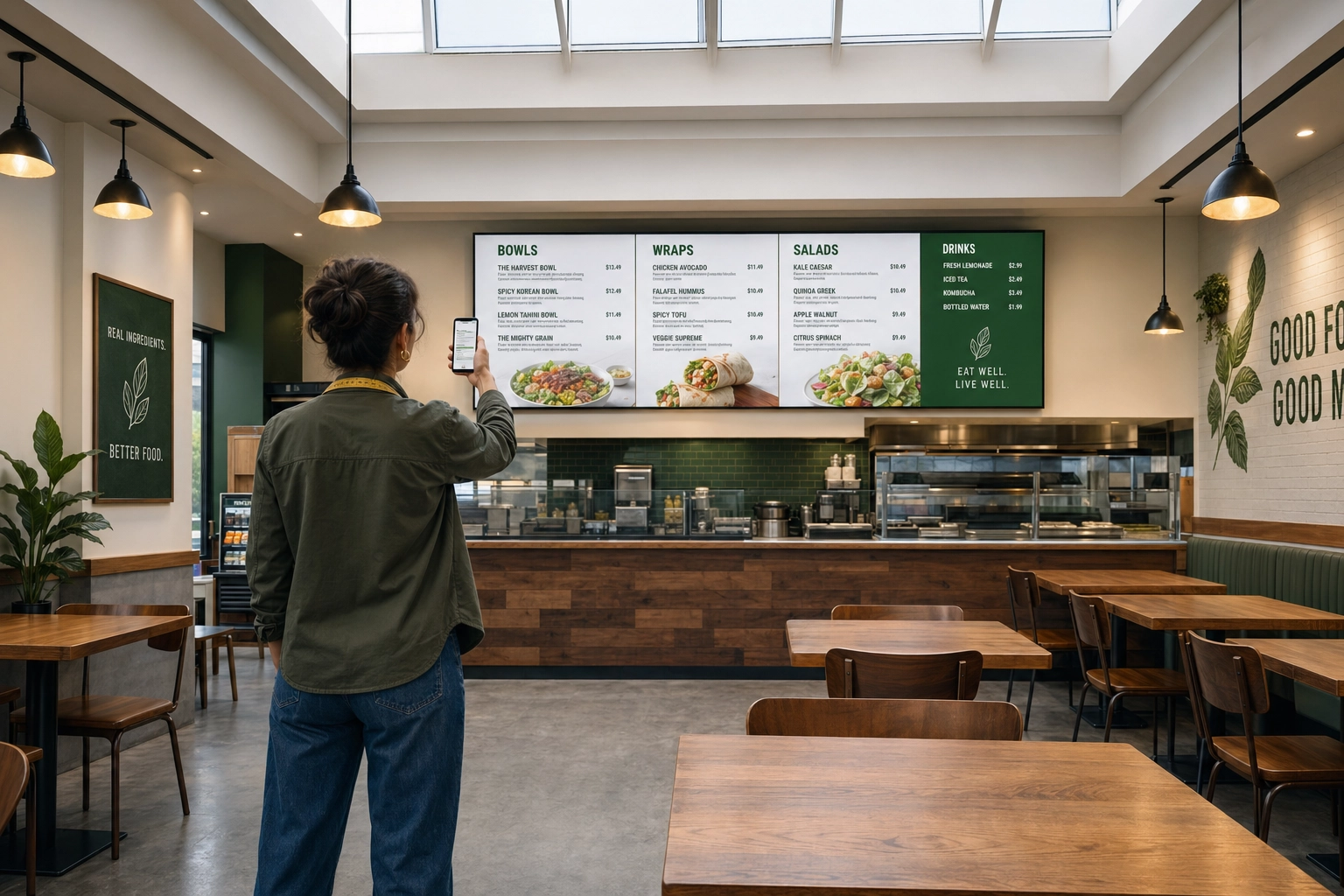 Restaurant designer testing menu board text readability from a customer viewing distance across the dining room