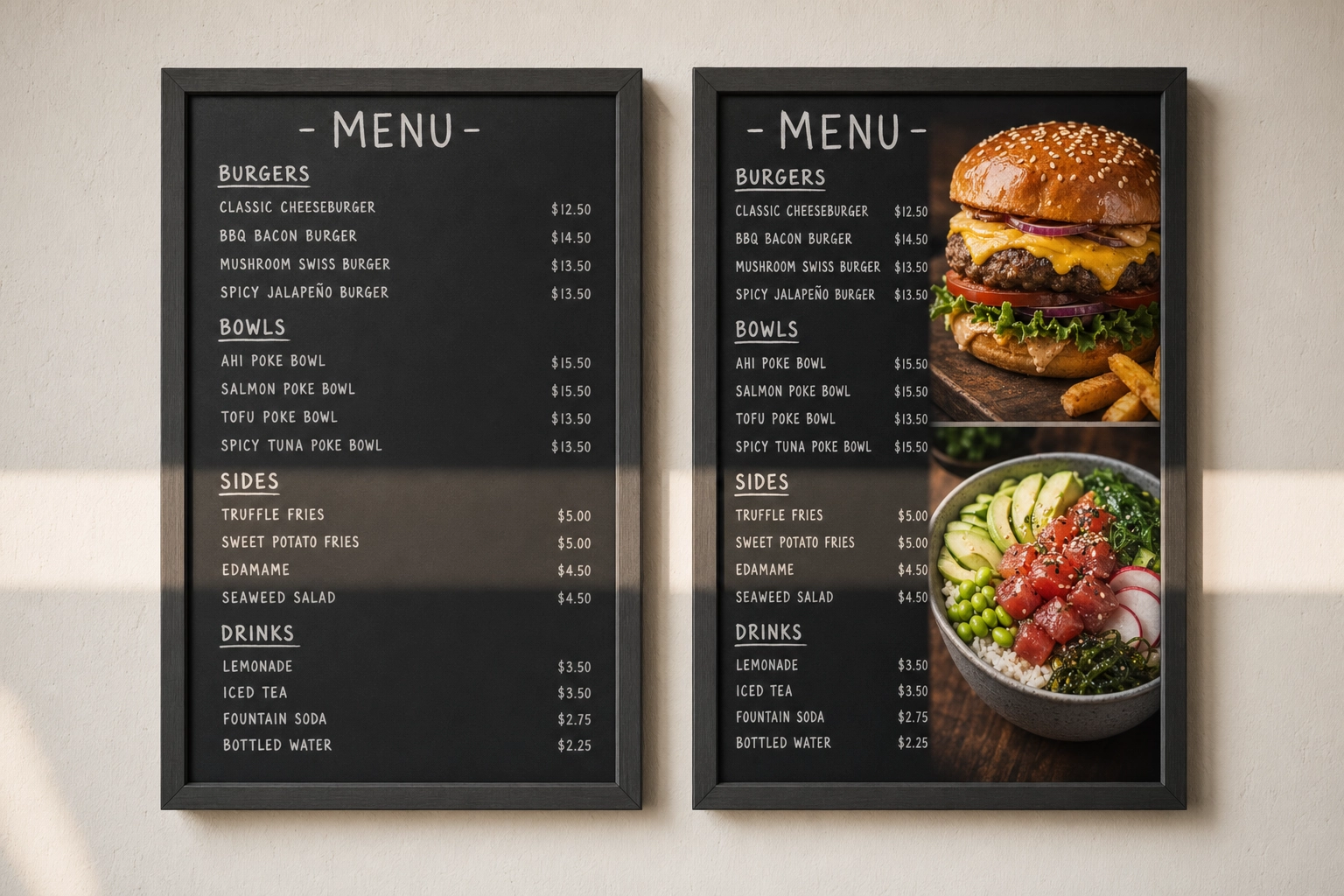 Side-by-side comparison of a text-only restaurant menu board next to one enhanced with vibrant hero food photos showing visual impact