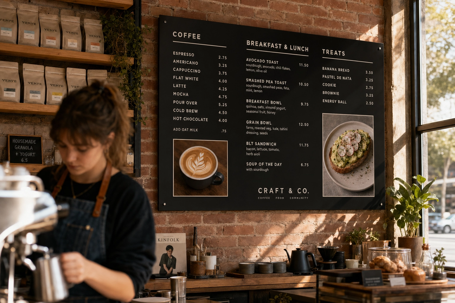 Printed acrylic menu board mounted above a craft cafe counter with clean typography and small food photos of coffee and avocado toast