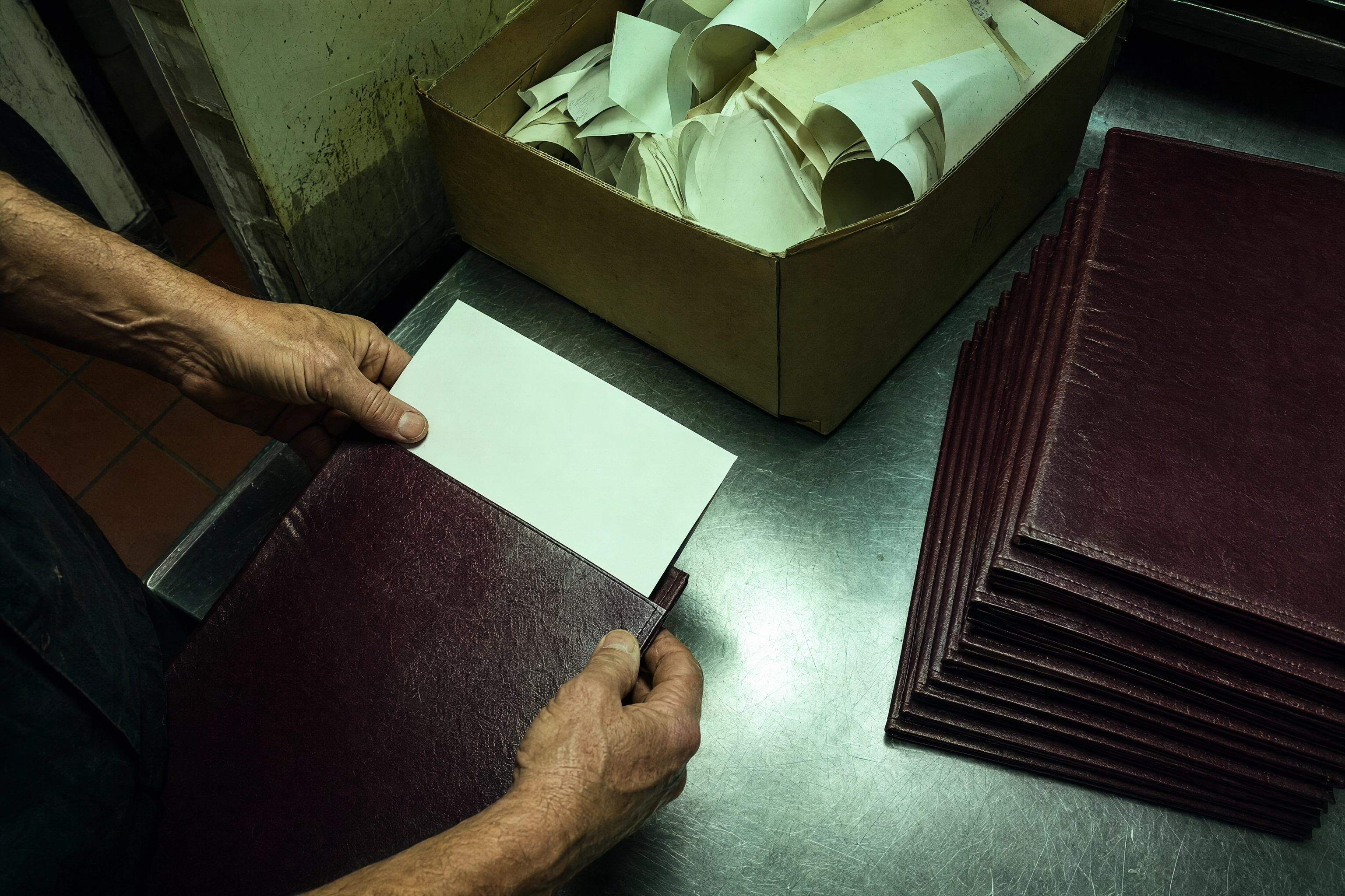 Hands sliding a fresh printed insert into a leather menu cover beside a bin of obsolete price sheets
