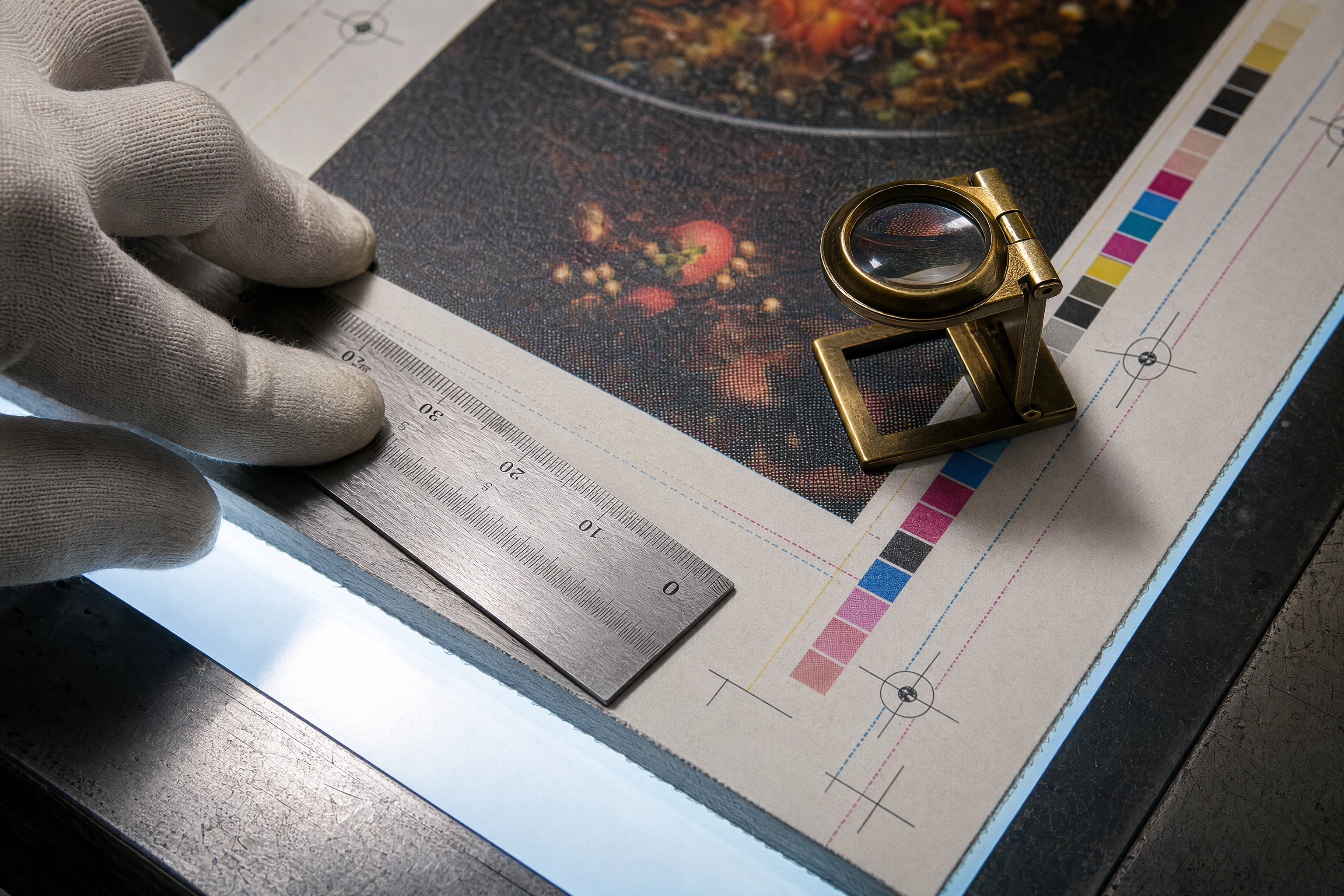 Prepress menu proof on a print shop light table showing crop marks, bleed guides and a colour control bar