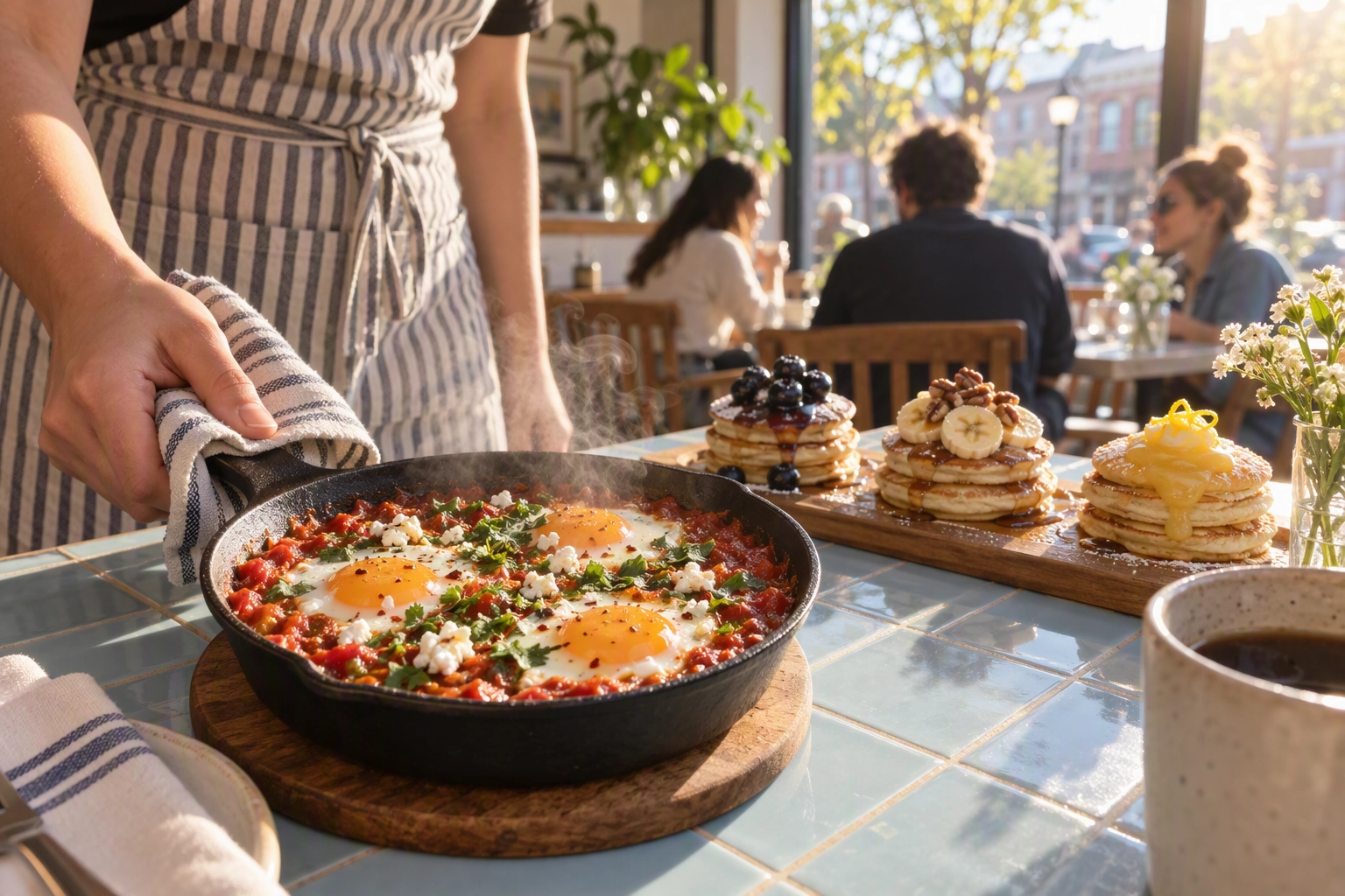 Shakshuka skillet and a three-stack pancake flight on a sunny cafe table, breakfast menu ideas for restaurant owners