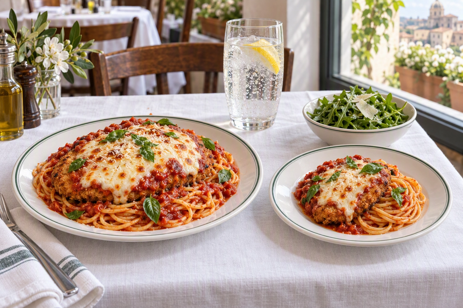 Full and lighter-portion chicken parmigiana side by side, a dietary-inclusive restaurant menu idea for smaller appetites