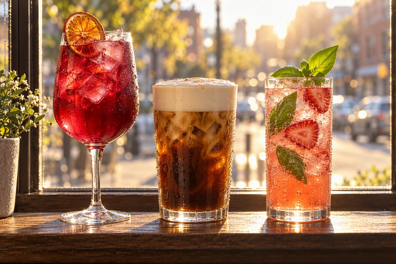 Backlit zero-proof hibiscus spritz, cold foam cold brew and strawberry-basil house soda, high-margin drink menu ideas