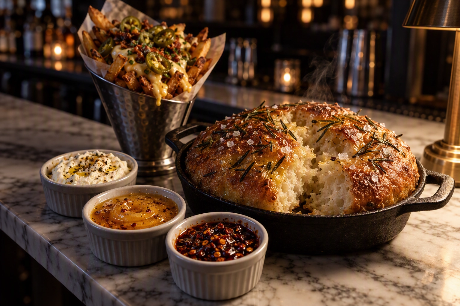 Paid bread service and dip add-ons: warm focaccia with whipped feta, hot honey butter and chili crisp beside loaded fries