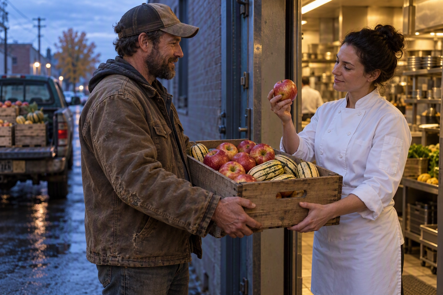 Farmer delivering a crate of apples and delicata squash to a chef for a seasonal limited-time menu special