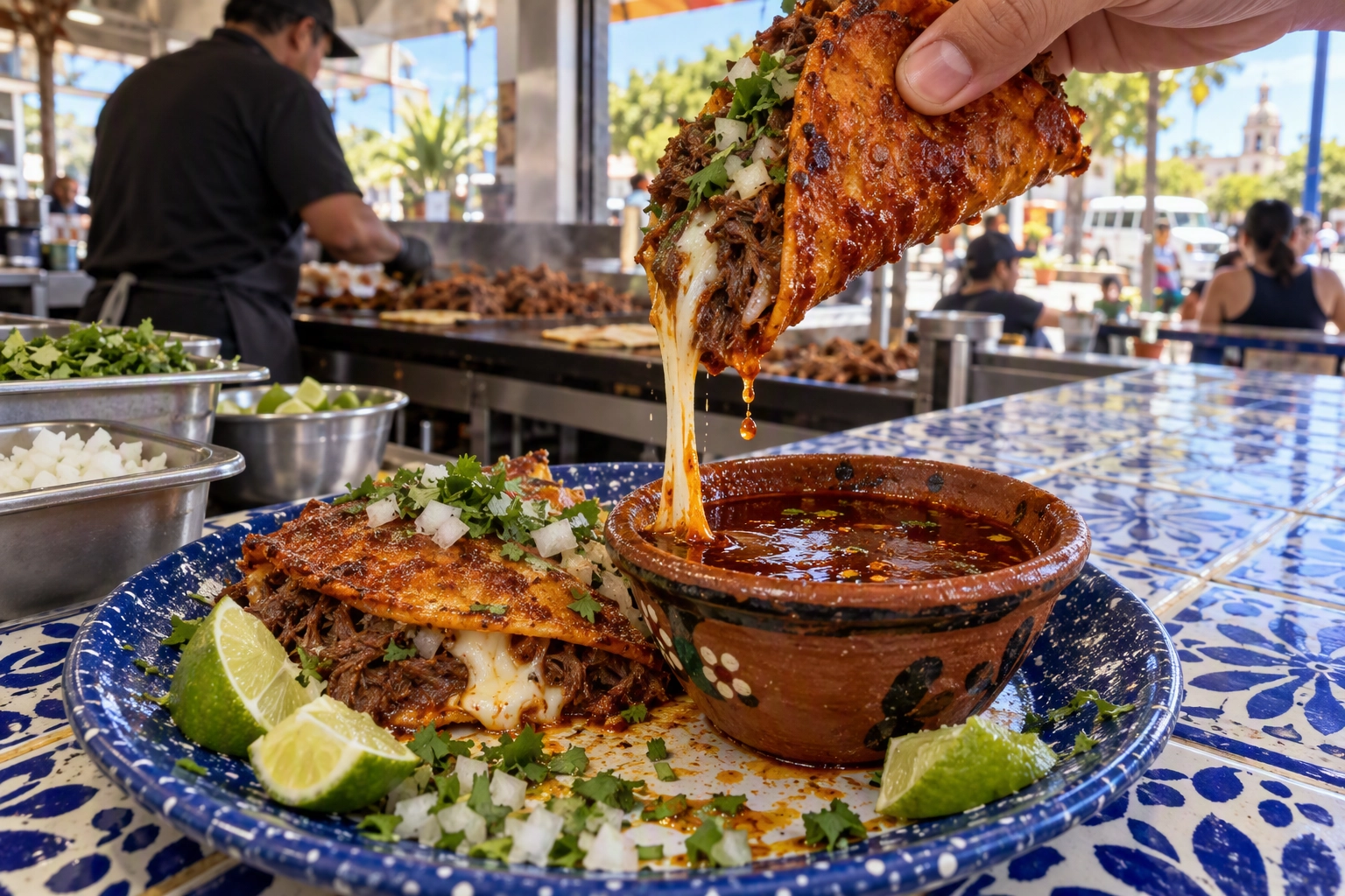 Birria taco dipped into red consomme with a cheese pull, a trending restaurant menu idea for 2026