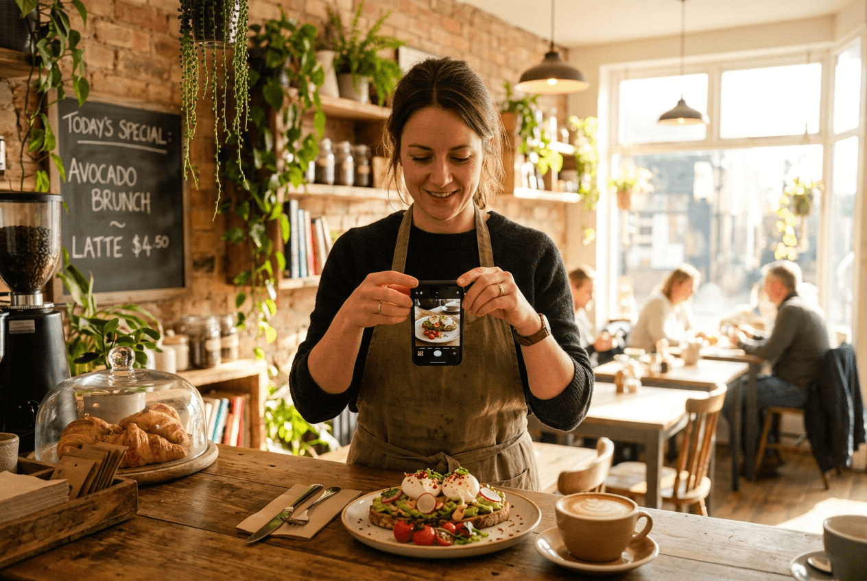 Cafe owner casually photographing brunch dish with smartphone in warm sunlit cafe interior showing the simplicity of AI-powered food photography